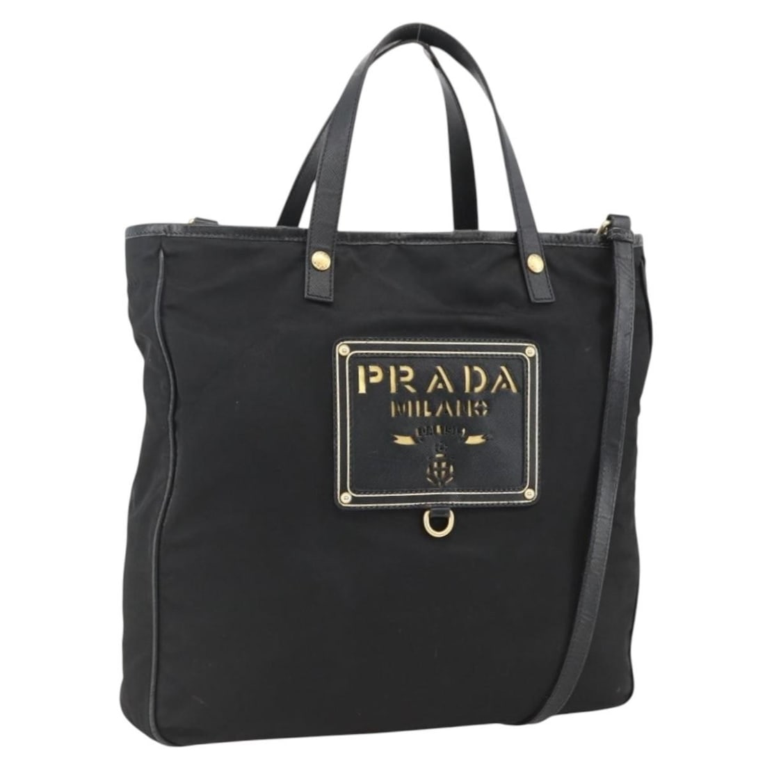 PRADA 2way Nylon Tote Bag Black with Shoulder Strap: PRADA 2way Nylon Tote Bag Black with Shoulder Strap This PRADA tote bag is crafted from nylon in black and gold, made in Italy, and comes with a shoulder strap. It is a women's tote bag with a structu