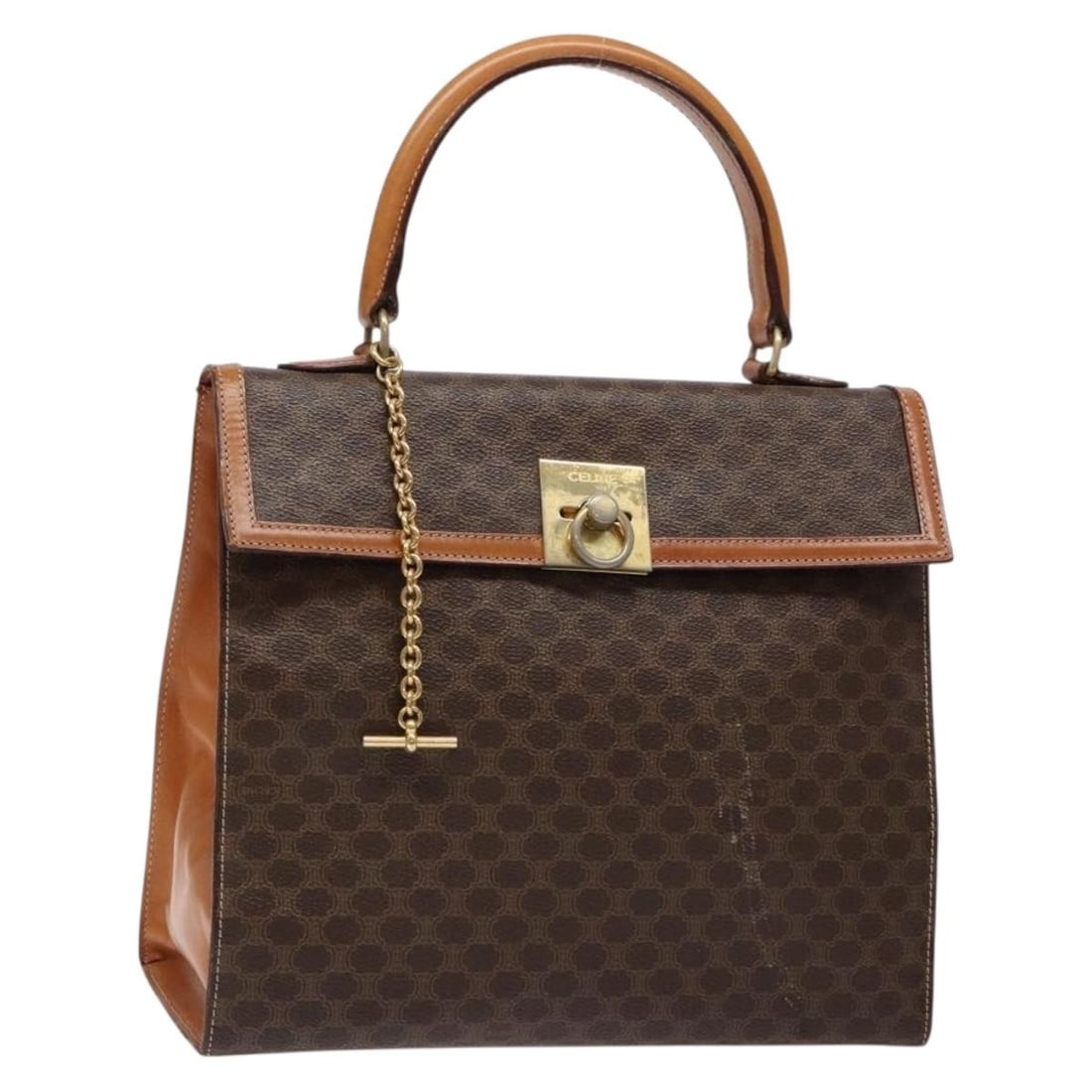 CELINE Macadam Brown PVC Leather Hand Bag Gold Tone Italy: CELINE Macadam Brown PVC Leather Hand Bag Gold Tone Italy Brown and gold CELINE handbag in PVC leather and Macadam canvas. Made in Italy, this pre-owned piece measures approximately 27 cm wide, 23 cm 
