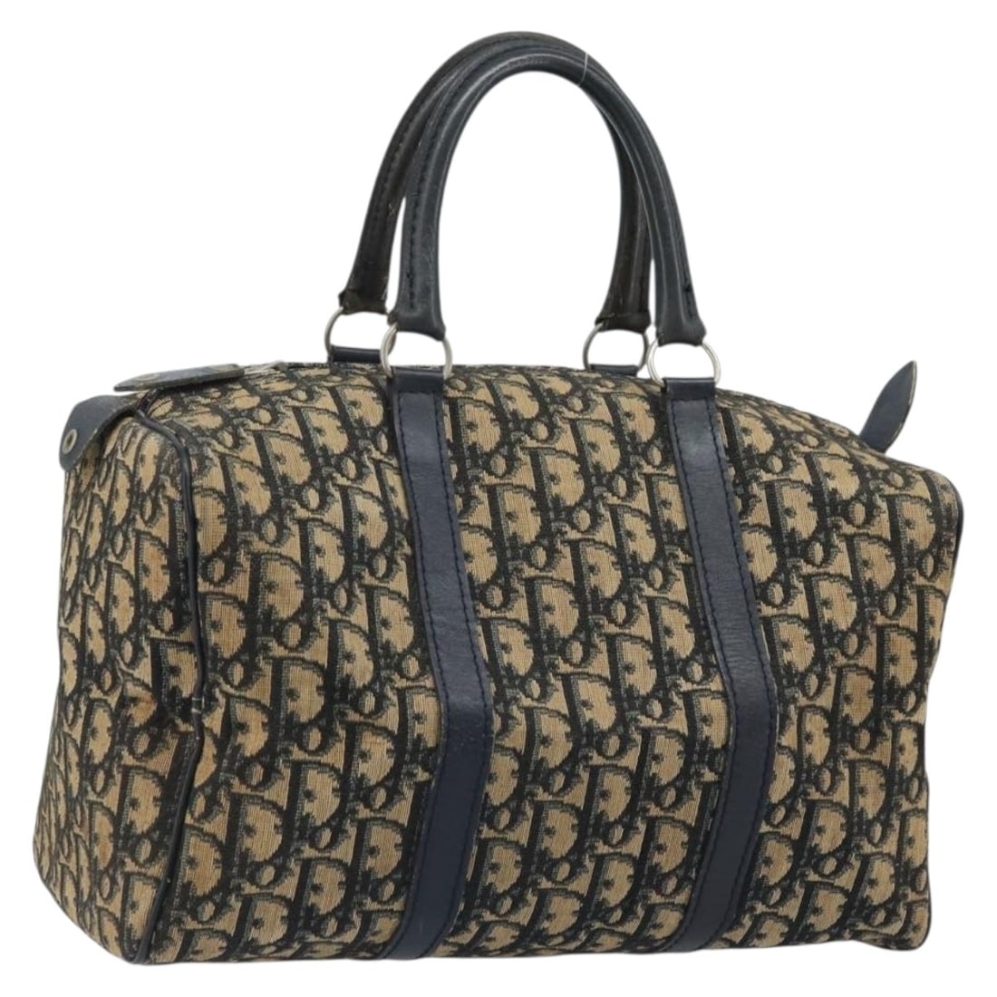 Christian Dior Navy Trotter Canvas Boston Handbag Silver Accents France: Christian Dior Navy Trotter Canvas Boston Handbag Silver Accents France This is a Christian Dior Boston Bag crafted from signature Trotter canvas in a navy and silver color scheme. Designed for women,