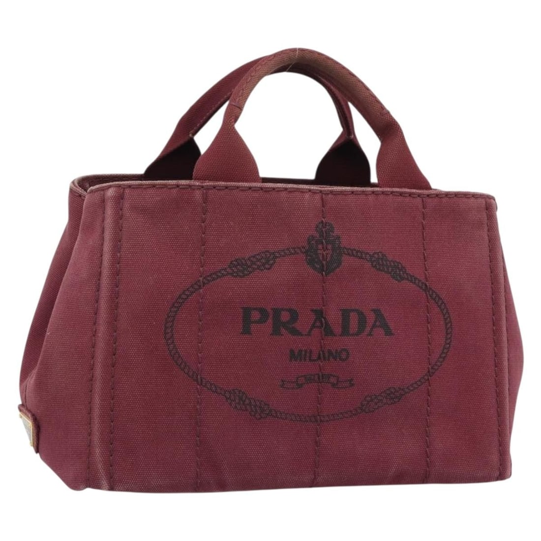 Prada Canapa PM Canvas Handbag Bordeaux Italy: Prada Canapa PM Canvas Handbag Bordeaux Italy PRADA Canapa PM hand bag in Bordeaux canvas, made in Italy. The bag is described as heavily used and shows visible wear consistent with Rank C condition, 