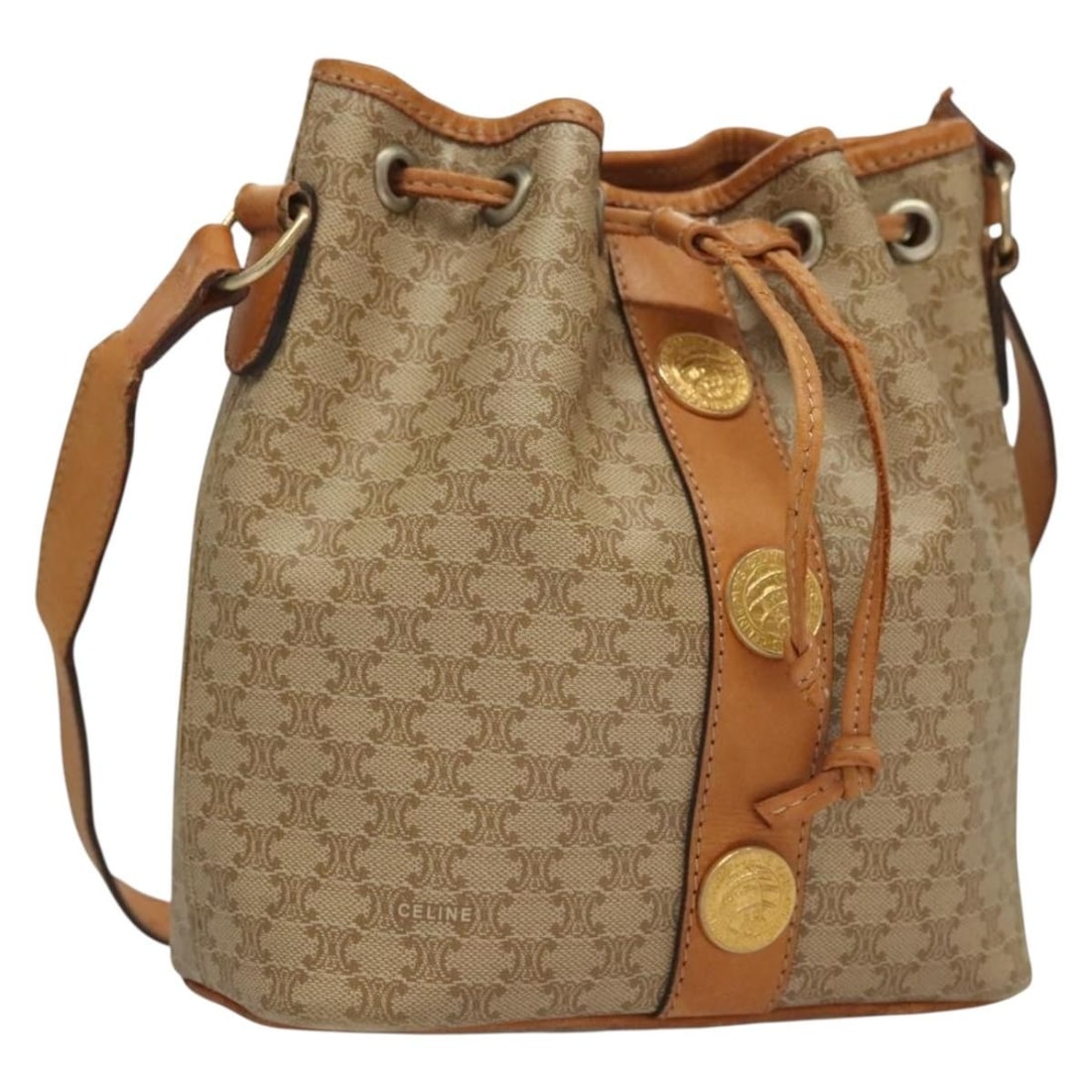 CELINE Macadam PVC Leather Beige Gold Shoulder Bag Italy: CELINE Macadam PVC Leather Beige Gold Shoulder Bag Italy This CELINE shoulder bag features the iconic Macadam canvas and PVC leather in beige and gold tones. Designed for women, the bag is made in Ita