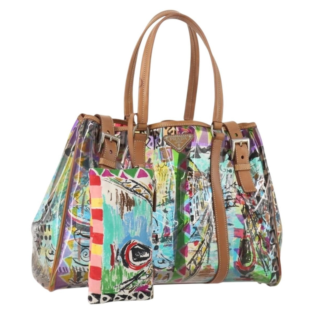 Prada Multicolor Silver Vinyl Handbag Made in Italy: Prada Multicolor Silver Vinyl Handbag Made in Italy A Prada hand bag in multicolor and silver vinyl, made in Italy. The bag measures approximately 40 cm W x 30 cm H x 15 cm D, with a handle drop of ap