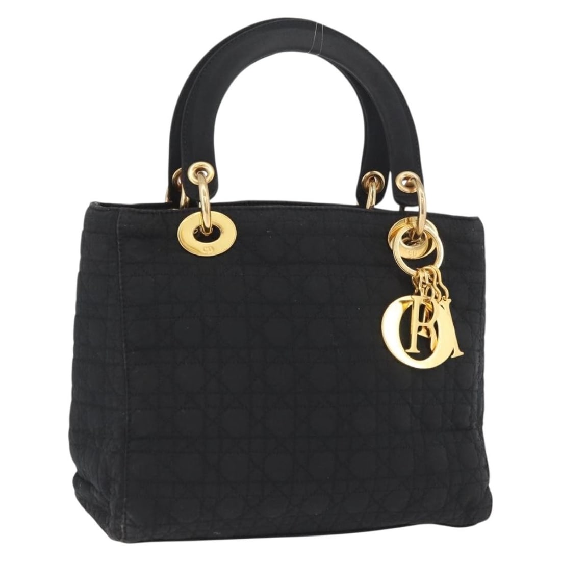 Christian Dior Lady Dior Cannage Nylon Handbag Black Gold Charm: Christian Dior Lady Dior Cannage Nylon Handbag Black Gold Charm Christian Dior Lady Dior Canage hand bag in black/gold nylon, made in Italy. The bag features a handle drop of approximately 4.7 inches 