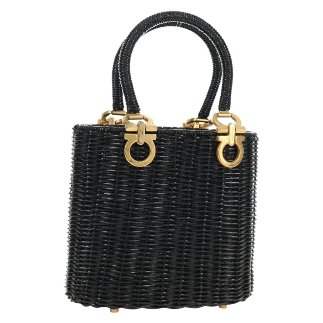 Salvatore Ferragamo Gancini black gold wood handbag with dust bag: Salvatore Ferragamo Gancini black gold wood handbag with dust bag Salvatore Ferragamo Gancini hand bag in black and gold, made in Italy. The bag is constructed from wood and comes with a dust bag. It 