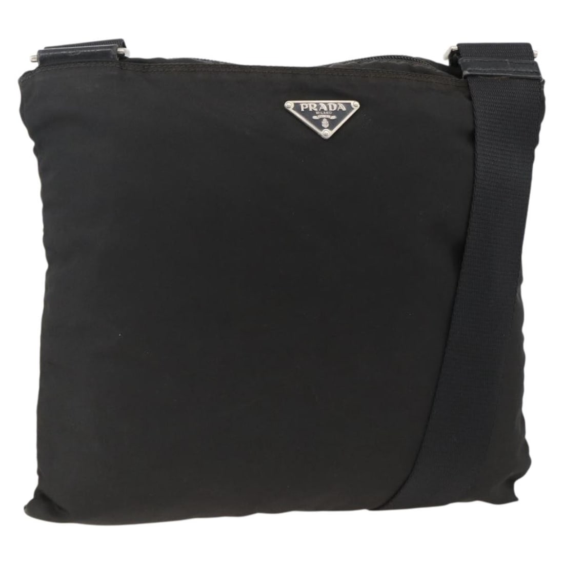 Prada Black Nylon Shoulder Bag Silver Tone Hardware YKZ307: Prada Black Nylon Shoulder Bag Silver Tone Hardware YKZ307 Black nylon shoulder bag with silver-tone hardware, made in Italy. The bag measures approximately W29 cm x H26 cm, with a shoulder drop of 32