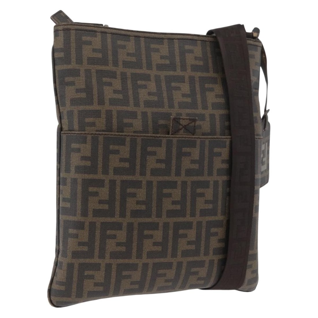 FENDI Zucca Shoulder Bag Brown Black PVC Leather Canvas: FENDI Zucca Shoulder Bag Brown Black PVC Leather Canvas FENDI shoulder bag in brown and black Zucca canvas with PVC leather exterior. Made in Italy, this women's bag measures approximately 27 cm wide 