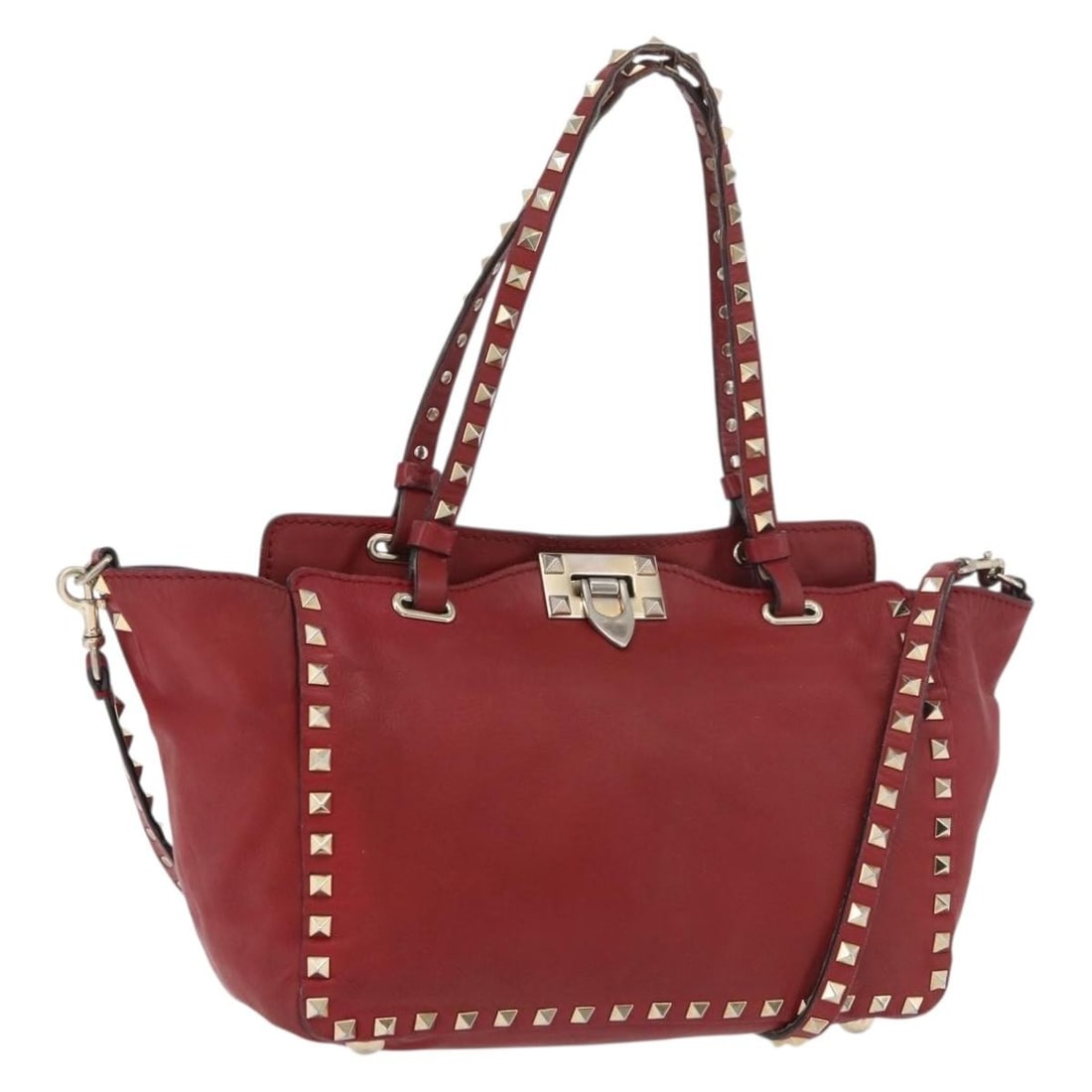 Valentino Rockstud Red Gold Leather Shoulder Bag with Strap: Valentino Rockstud Red Gold Leather Shoulder Bag with Strap This Valentino Rock Studs handbag is crafted from red leather with gold-tone accents and features a versatile 2-way design for use as either