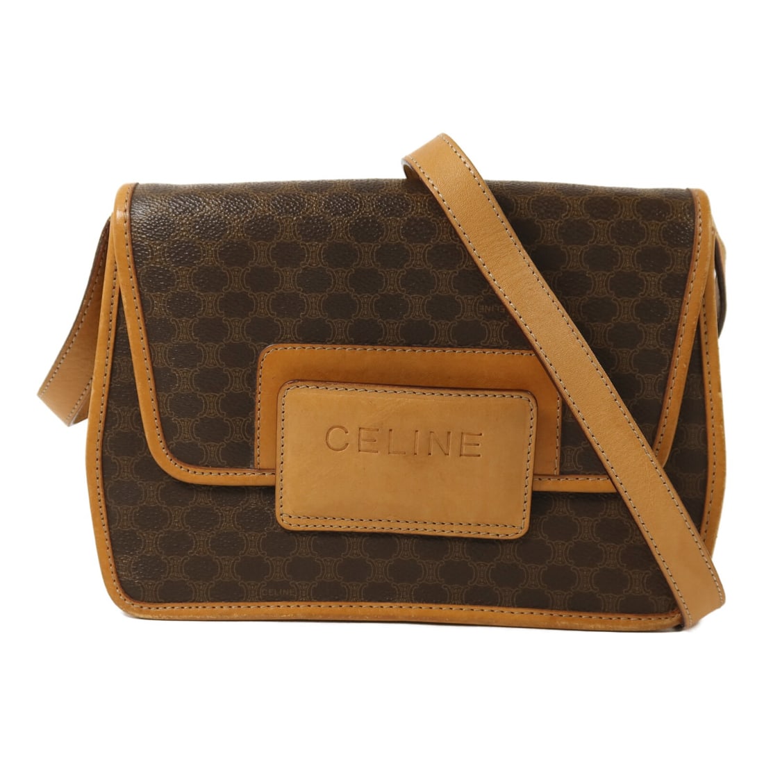 CELINE Macadam Shoulder Bag Brown PVC Coated Canvas Gold Tone: CELINE Macadam Shoulder Bag Brown PVC Coated Canvas Gold Tone A CELINE shoulder bag in brown PVC coated canvas with a Macadam design and GHW detail. It is a women's regular-size bag made in France, wi