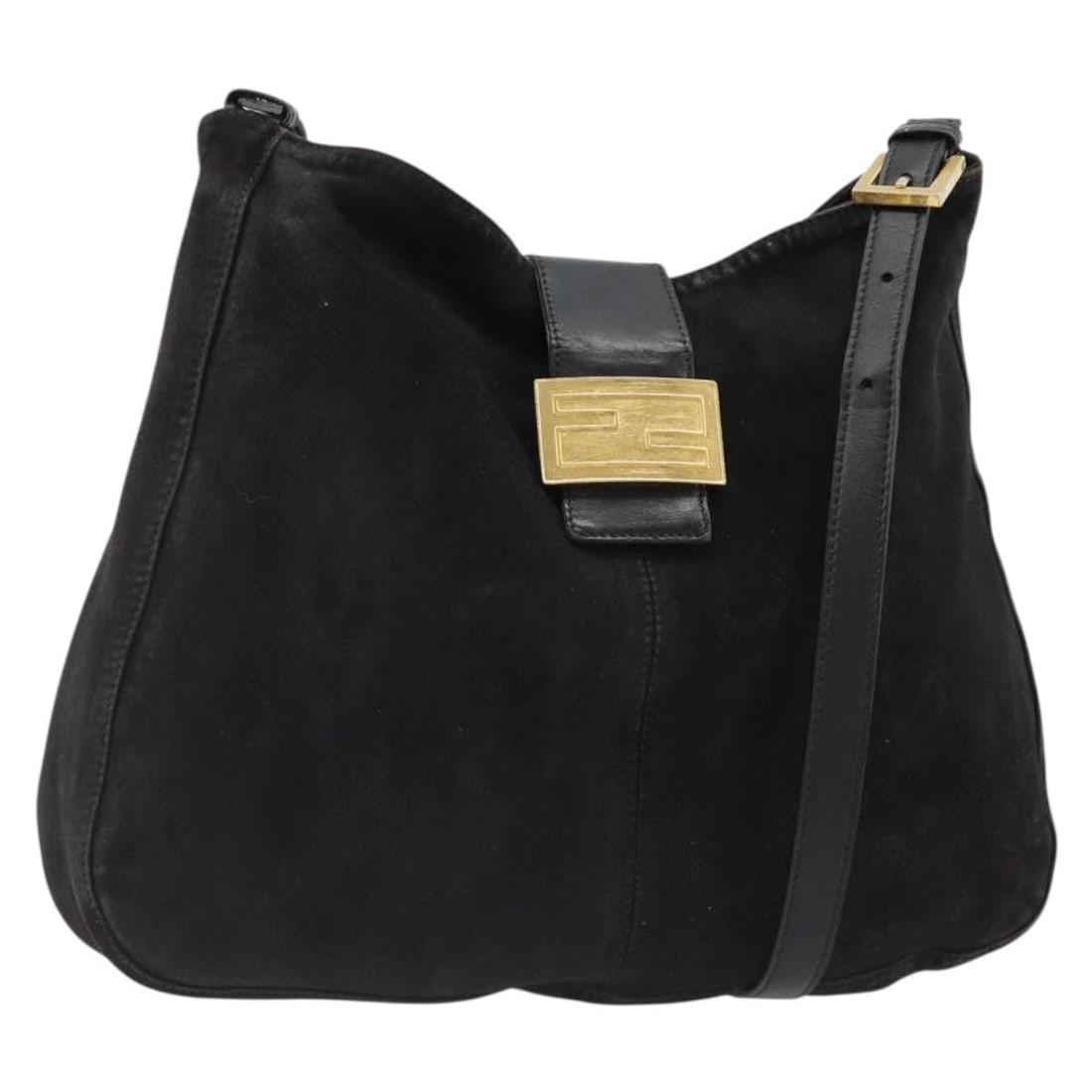 Fendi Mamma Baguette suede shoulder bag black and gold: Fendi Mamma Baguette suede shoulder bag black and gold Fendi Mamma Baguette shoulder bag in black suede with gold-tone accents. Made in Italy, this women's shoulder bag is offered without the original