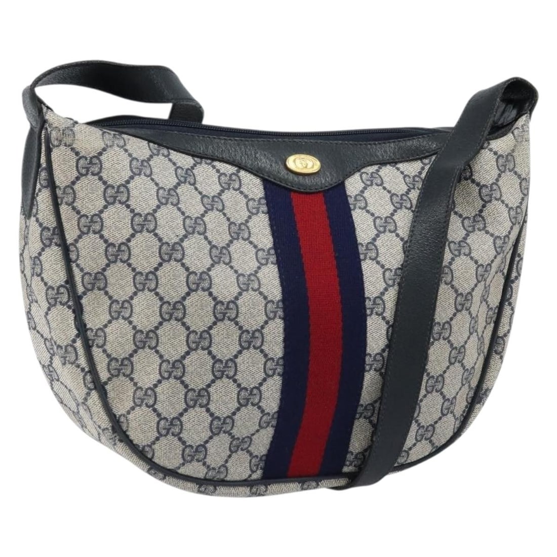 Gucci Sherry Line GG Supreme navy gold shoulder bag: Gucci Sherry Line GG Supreme navy gold shoulder bag This is a Gucci GG Supreme Sherry Line shoulder bag crafted from navy and gold PVC leather with GG canvas accents. Designed for women, the bag featu