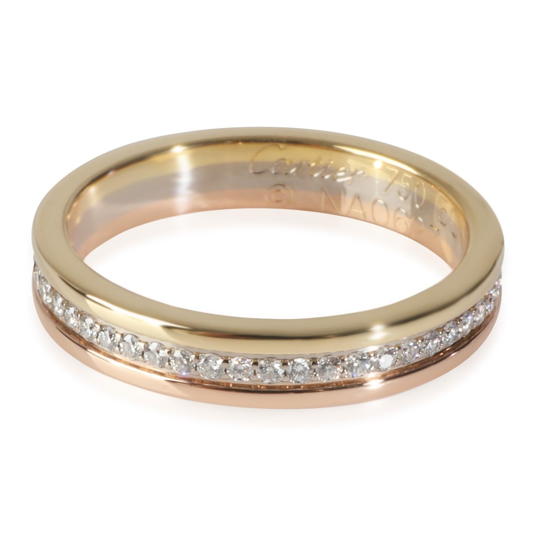Cartier Vendome Louis Cartier 18k 3 Tone Gold Diamond Band Ring: Cartier Vendome Louis Cartier 18k 3 Tone Gold Diamond Band Ring Pre-owned Cartier Vendome Louis Cartier band crafted in 18k 3-tone gold and set with round brilliant diamonds. This unisex ring features