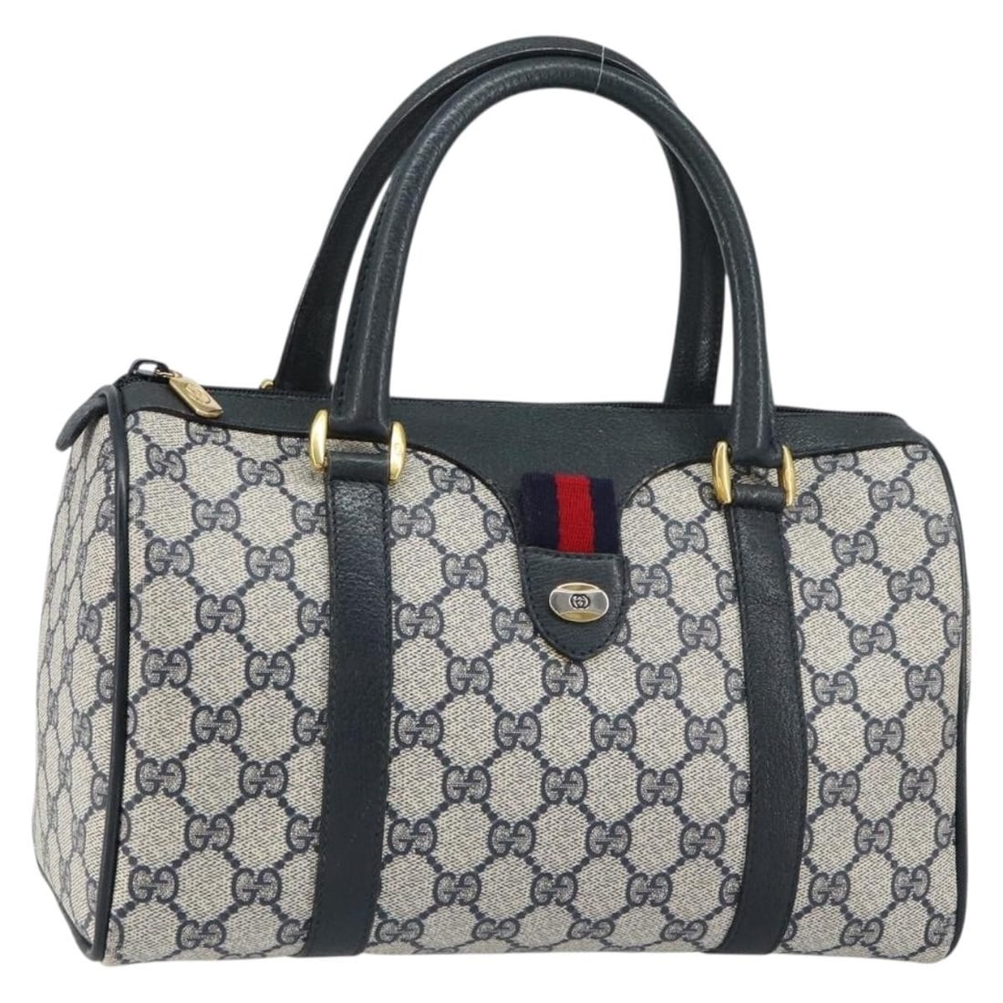Navy GG Supreme Sherry Line PVC Handbag by Gucci 39 02 006: Navy GG Supreme Sherry Line PVC Handbag by Gucci 39 02 006 This GUCCI GG Supreme Sherry Line handbag features a stylish combination of navy, gold, and red hues, crafted with durable PVC leather and GG