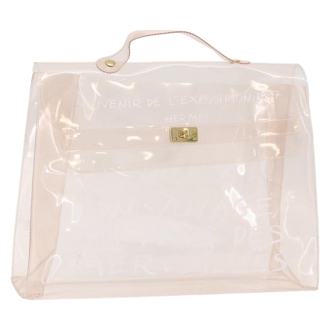 Hermes Kelly Clear Vinyl Handbag Auth 178501: Hermes Kelly Clear Vinyl Handbag Auth 178501 Clear vinyl hand bag in the Kelly style with a structured shape and handle drop of approximately 4 cm. The item is heavily used, with visible rubbing, slig