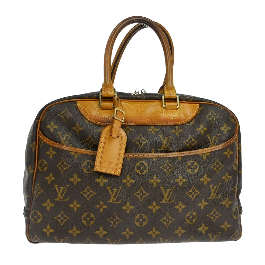 Louis Vuitton Deauville Bowling Vanity Monogram Handbag M42270: Louis Vuitton Deauville Bowling Vanity Monogram Handbag M42270 Vintage Louis Vuitton Deauville Bowling vanity business handbag in brown Monogram canvas with leather trim and double handles. This zip-t