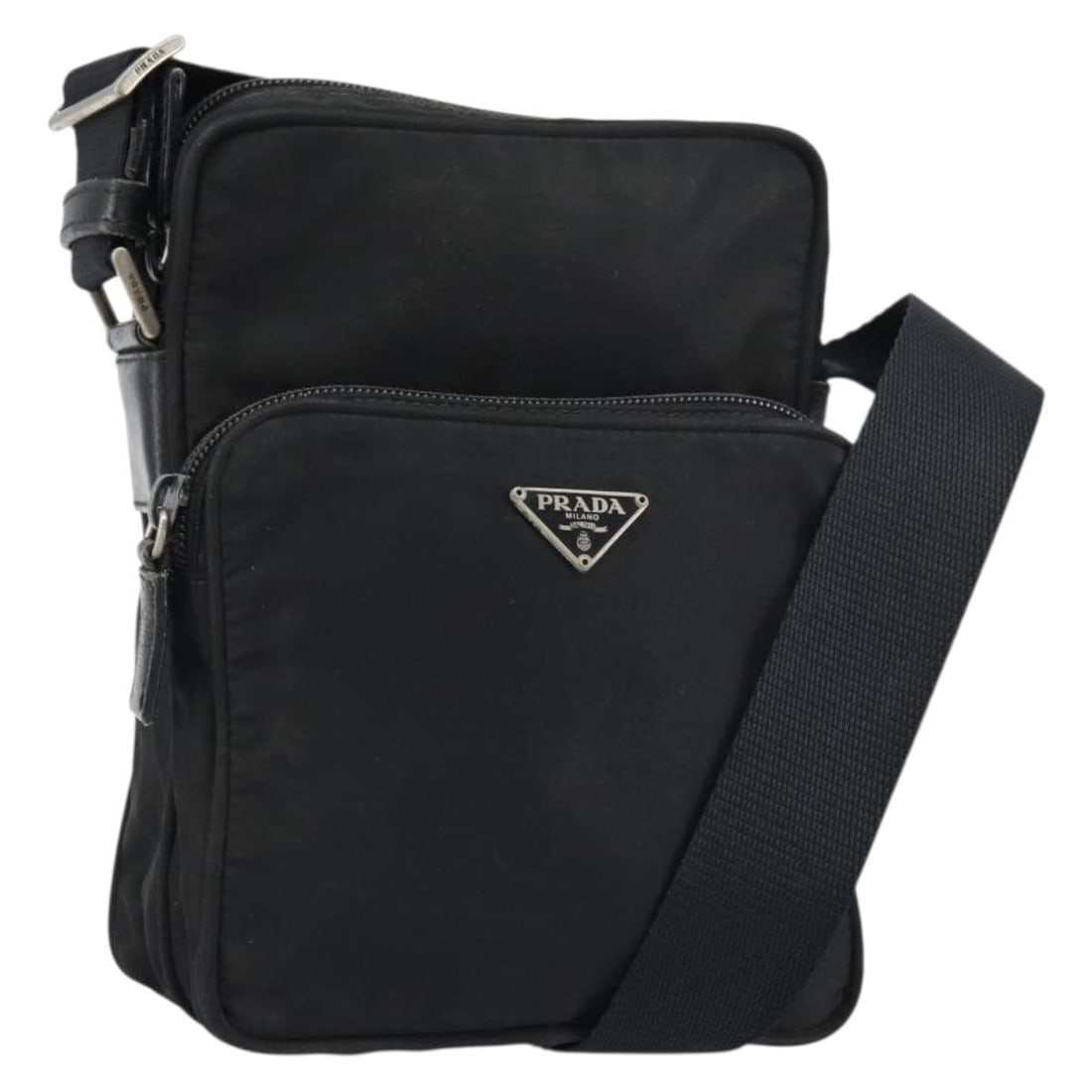 PRADA Silver Black Nylon Shoulder Bag Italy Auth EP12328: PRADA Silver Black Nylon Shoulder Bag Italy Auth EP12328 This authentic PRADA shoulder bag features a stylish design crafted from durable nylon in a striking silver and black color combination. Measur
