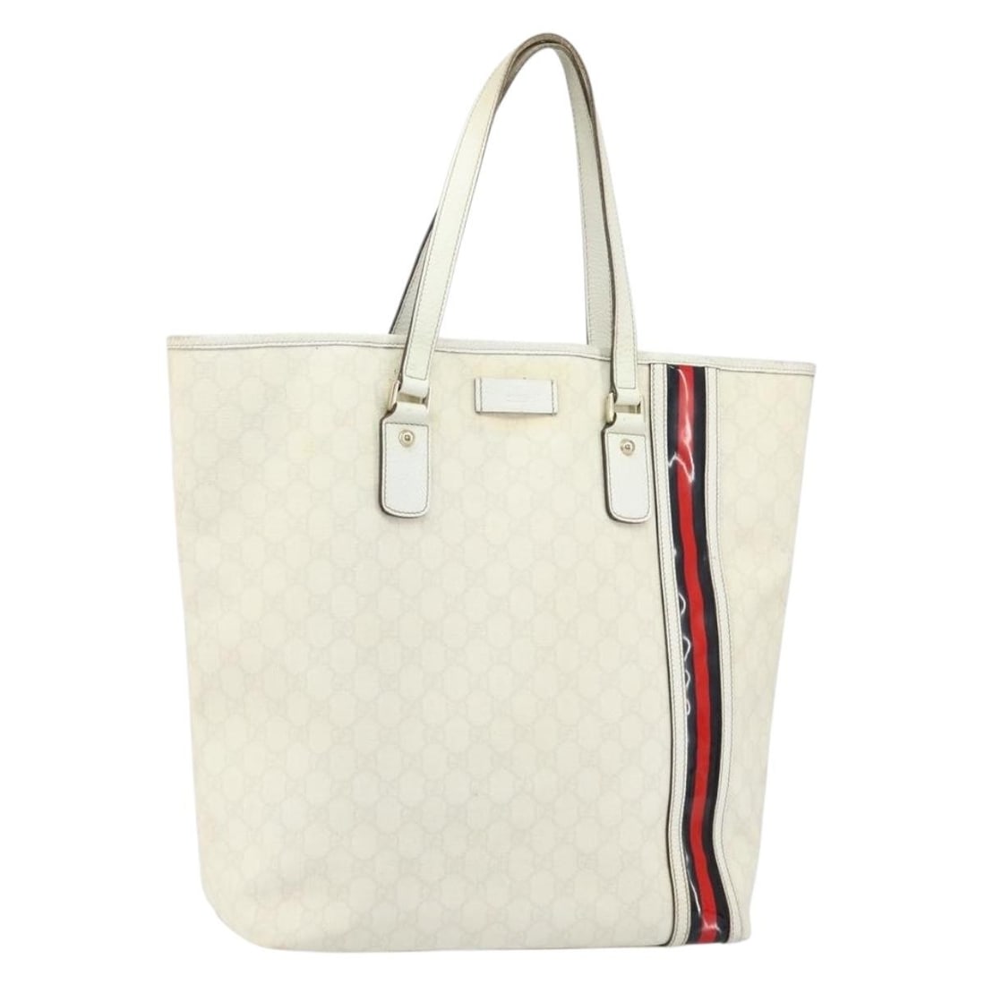Gucci 152630 White Gold GG Canvas Tote Bag: Gucci 152630 White Gold GG Canvas Tote Bag This Gucci GG Supreme tote bag is crafted from PVC leather and GG canvas in a white and gold color scheme. Made in Italy, it features a spacious interior and