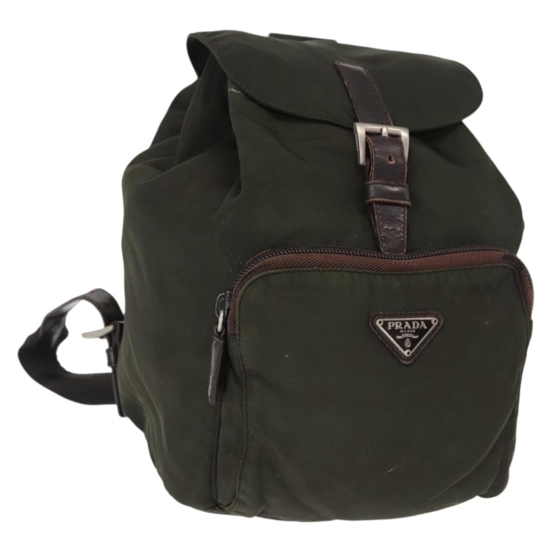 PRADA Khaki Silver Nylon Backpack Made in Italy Auth: PRADA Khaki Silver Nylon Backpack Made in Italy Auth This PRADA backpack combines functionality with a sophisticated style, crafted from durable khaki nylon with silver accents. Measuring approximatel