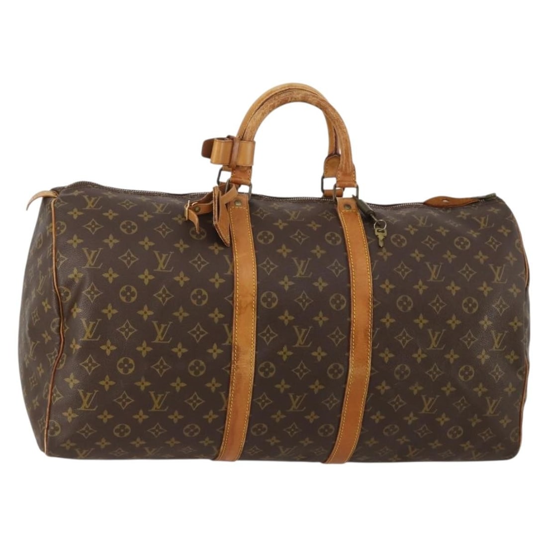 Louis Vuitton Keepall 55 Monogram Canvas Boston Bag M41424: Louis Vuitton Keepall 55 Monogram Canvas Boston Bag M41424 Louis Vuitton Keepall 55 Boston Bag in Monogram canvas, made in France. It comes with a name tag and powanie accessory. The bag is described 