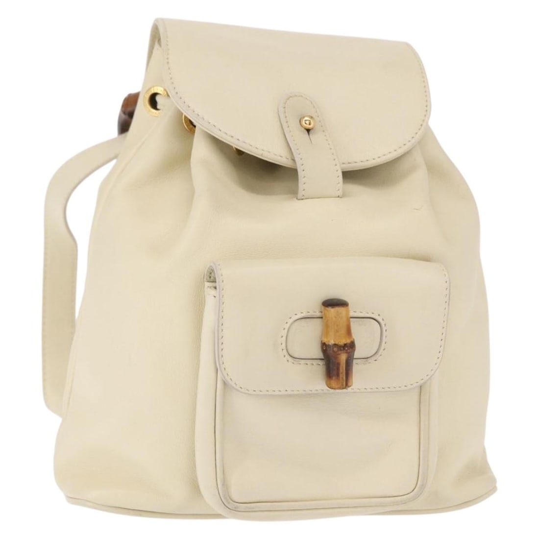 GUCCI Bamboo Leather Backpack White Gold 003 2058 0030 Auth: GUCCI Bamboo Leather Backpack White Gold 003 2058 0030 Auth This authentic GUCCI Bamboo Backpack combines luxury and practicality, featuring a stylish white leather exterior with gold accents. Designe