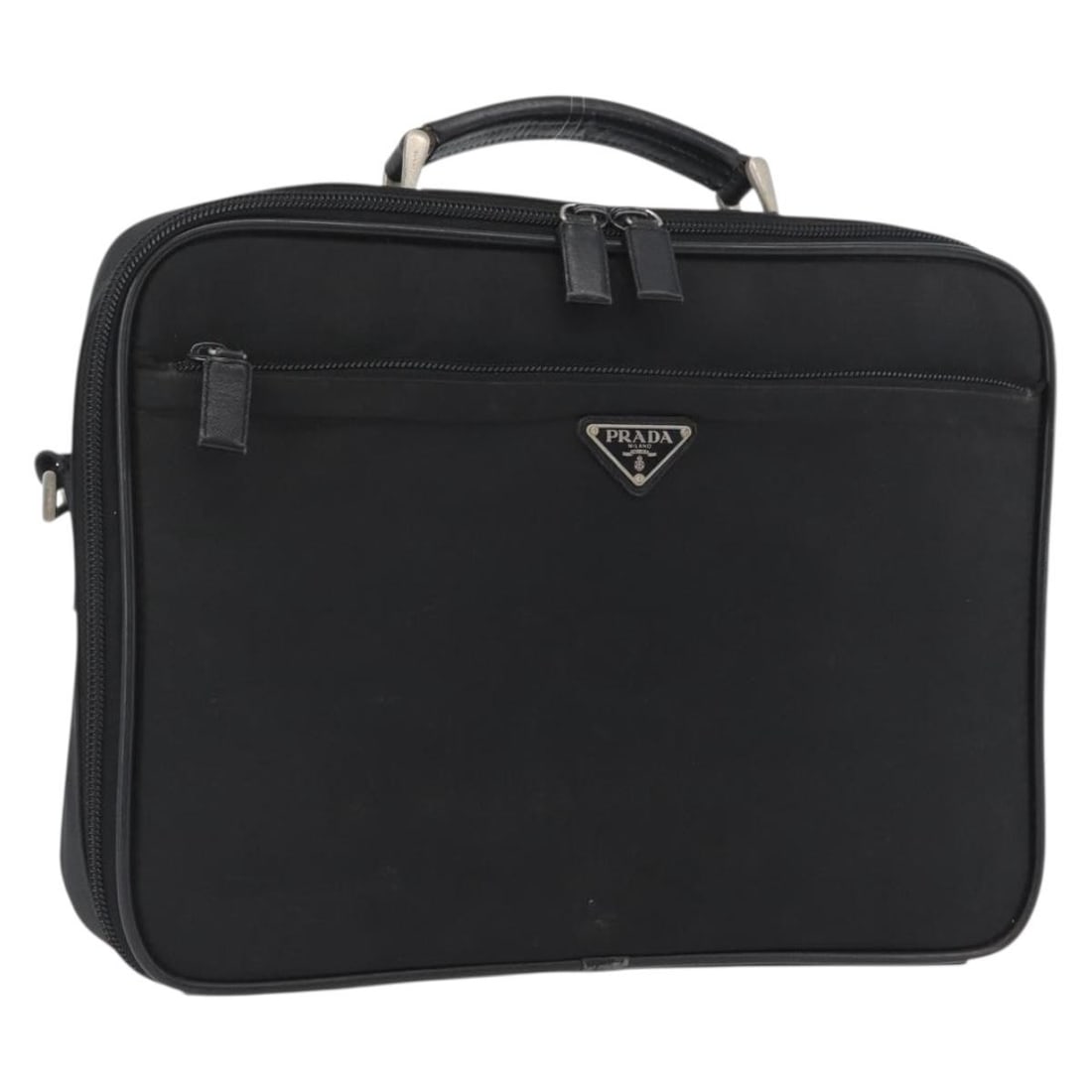 PRADA Black Nylon Handbag with Silver Tone Hardware: PRADA Black Nylon Handbag with Silver Tone Hardware Prada nylon handbag in black with silver-tone accents, made in Italy. This women's handbag is offered without the original box or dust bag; only the