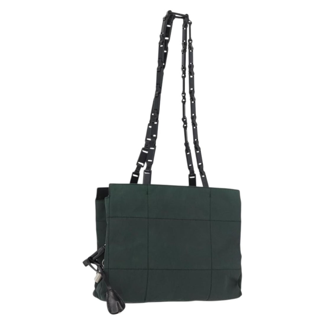 Prada Khaki Nylon Tote Bag Silver Tone with Padlock Key Clochette: Prada Khaki Nylon Tote Bag Silver Tone with Padlock Key Clochette A Prada tote bag in khaki and silver with a nylon exterior. It comes with a padlock, two keys, a clochette, and a guarantee card. Made