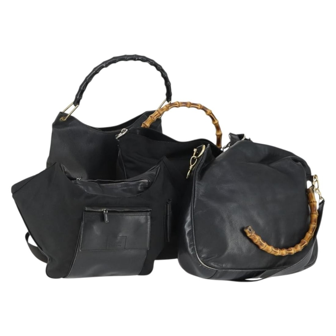 GUCCI Black Leather Bamboo Shoulder Bag 4 Piece Set: GUCCI Black Leather Bamboo Shoulder Bag 4 Piece Set A black Gucci shoulder bag made of leather, presented as a special set. The item is in heavily used condition with notable wear, including surface s