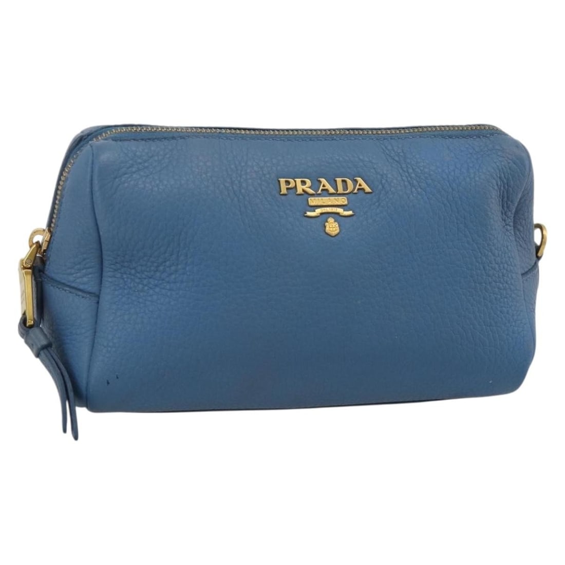 PRADA Blue Gold Leather Pouch Bag for Women: PRADA Blue Gold Leather Pouch Bag for Women Prada leather pouch in blue and gold, designed for women and made in Romania. The bag measures approximately 17 cm wide, 10 cm high, and 8 cm deep. It is of