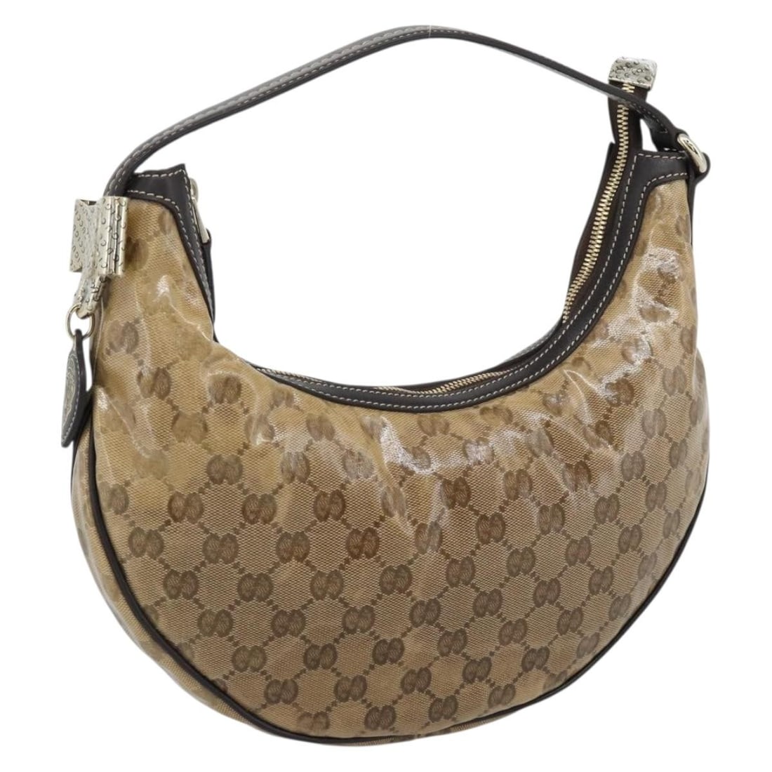 Gucci 181493 GG Crystal coated canvas shoulder bag beige gold charm: Gucci 181493 GG Crystal coated canvas shoulder bag beige gold charm A Gucci shoulder bag in beige and gold, crafted from coated canvas/GG canvas. It features a charm accessory and was made in Italy. T
