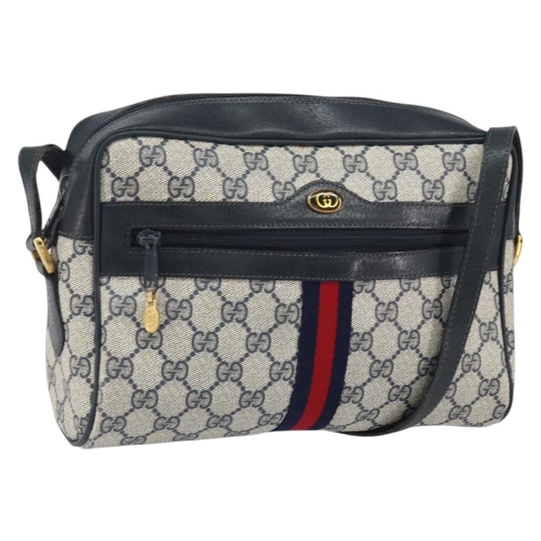 Gucci Sherry Line GG Supreme Navy Gold PVC Leather Shoulder Bag: Gucci Sherry Line GG Supreme Navy Gold PVC Leather Shoulder Bag This Gucci GG Supreme Sherry Line shoulder bag features a navy and gold color scheme with PVC leather and GG canvas materials. Designed 