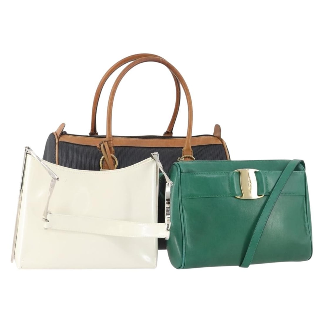 Salvatore Ferragamo patent leather shoulder bag set of 3 white black green: Salvatore Ferragamo patent leather shoulder bag set of 3 white black green Salvatore Ferragamo shoulder bag set in patent leather with a white, black, and green exterior. Made in Italy, this listing i
