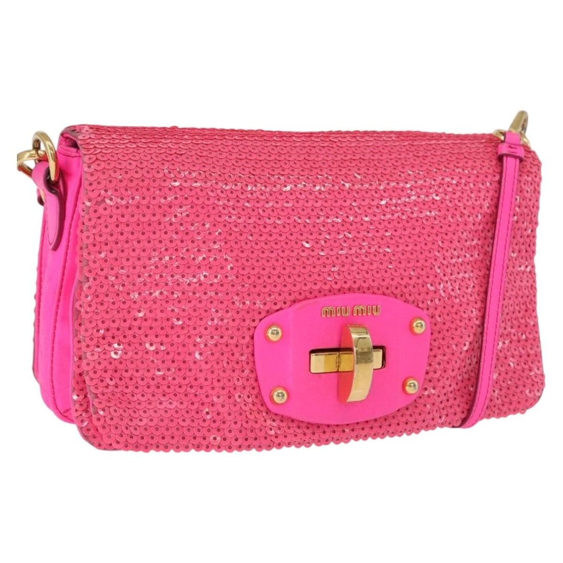 Miu Miu Leather Shoulder Bag Pink Gold Sequin Detail: Miu Miu Leather Shoulder Bag Pink Gold Sequin Detail This Miu Miu shoulder bag is crafted from leather in pink and gold. It features a compact silhouette with a shoulder strap drop of approximately 20