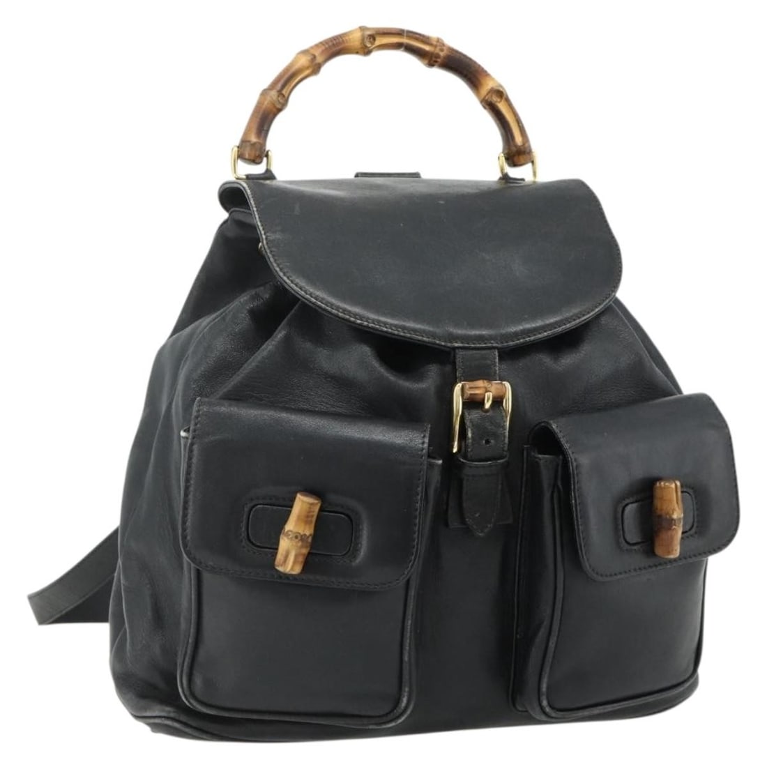 Gucci Leather Backpack Black with Gold Tone Bamboo 176996: Gucci Leather Backpack Black with Gold Tone Bamboo 176996 A Gucci bamboo backpack in black and gold leather, made in Italy and designed for women. The bag measures approximately 30 cm wide, 24 cm high