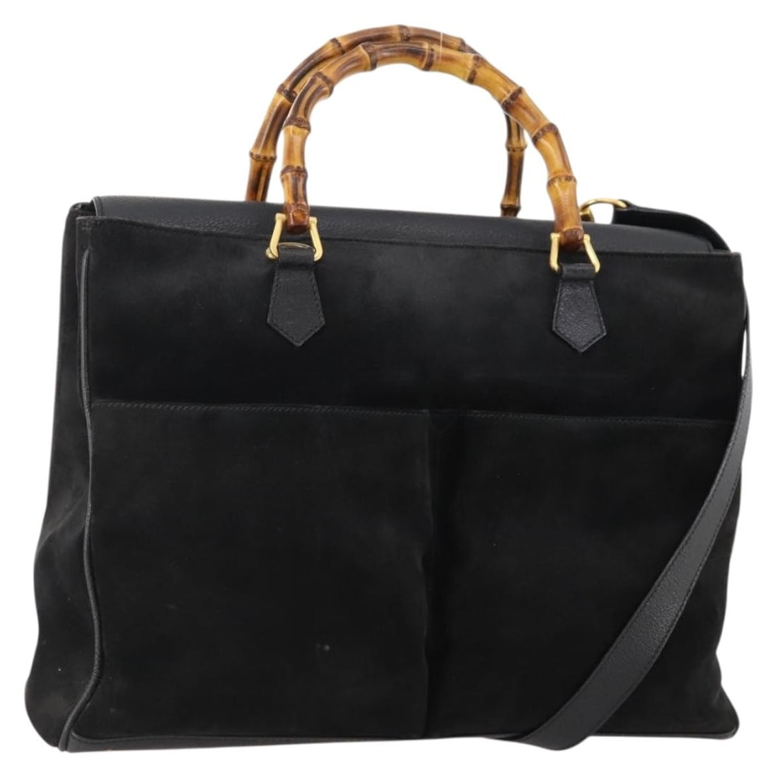 Gucci Bamboo Suede 2way Handbag Black Gold Shoulder Strap 002 2855 0322 0: Gucci Bamboo Suede 2way Handbag Black Gold Shoulder Strap 002 2855 0322 0 Gucci Bamboo hand bag in black suede with gold-tone accents. This 2-way style includes a shoulder strap and was made in Italy.