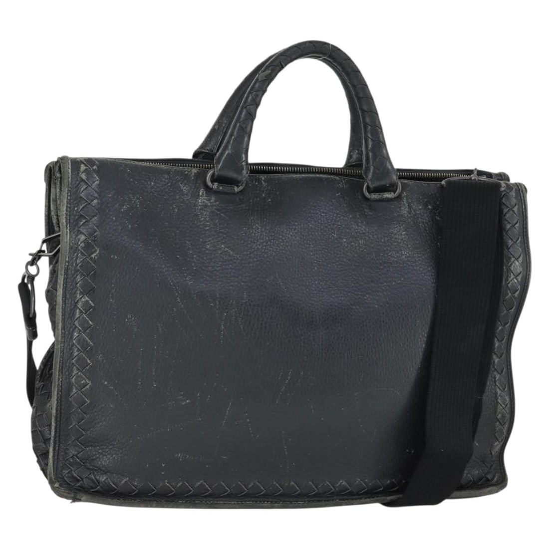 Bottega Veneta Black Leather Intrecciato Convertible Handbag with Shoulder Strap: Bottega Veneta Black Leather Intrecciato Convertible Handbag with Shoulder Strap This Bottega Veneta Intrecciato handbag features the brand's signature woven leather design in black. Designed for wome