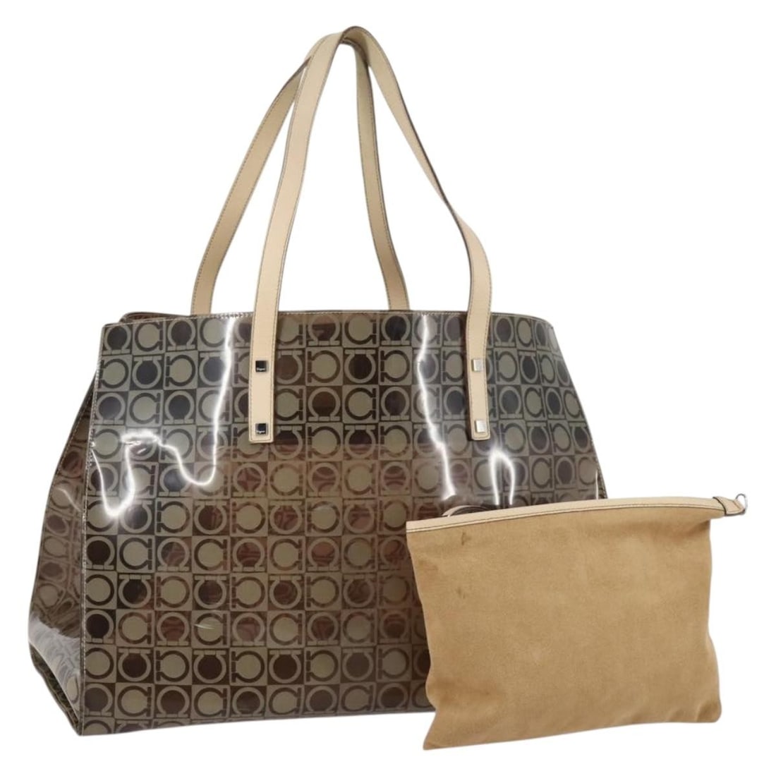 Salvatore Ferragamo Brown Silver Vinyl Tote Bag Auth BA5943: Salvatore Ferragamo Brown Silver Vinyl Tote Bag Auth BA5943 This Salvatore Ferragamo Tote Bag features a sophisticated blend of brown and silver vinyl, elegantly crafted in Italy. With dimensions of a