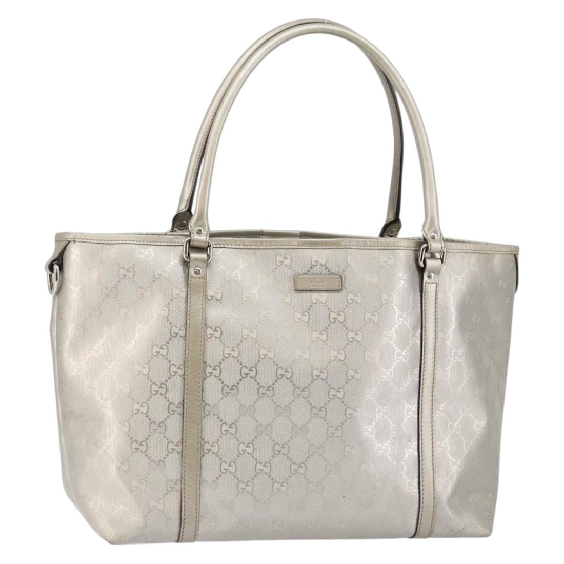 GUCCI GG Canvas Silver Tote Bag 197953 Authentic Italy: GUCCI GG Canvas Silver Tote Bag 197953 Authentic Italy The GUCCI GG Implementation Tote Bag is a stylish and authentic accessory crafted in Italy. This tote, made from GG Canvas in a sleek silver colo