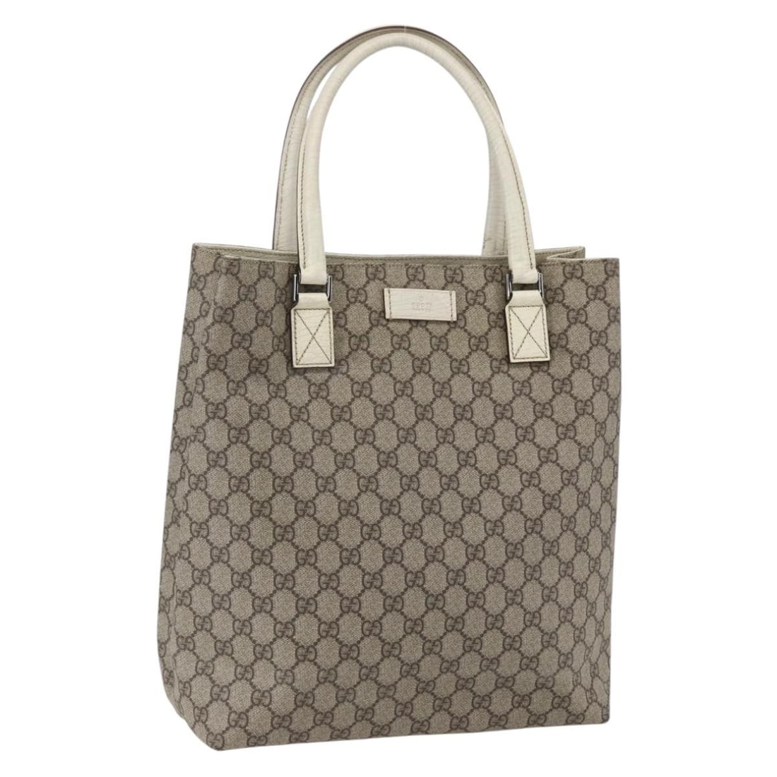 Beige Silver GG Supreme Tote by Gucci PVC Leather Model 131220: Beige Silver GG Supreme Tote by Gucci PVC Leather Model 131220 This Gucci GG Supreme tote bag features a beige and silver design crafted from PVC leather and GG canvas. Made in Italy, the tote offers 