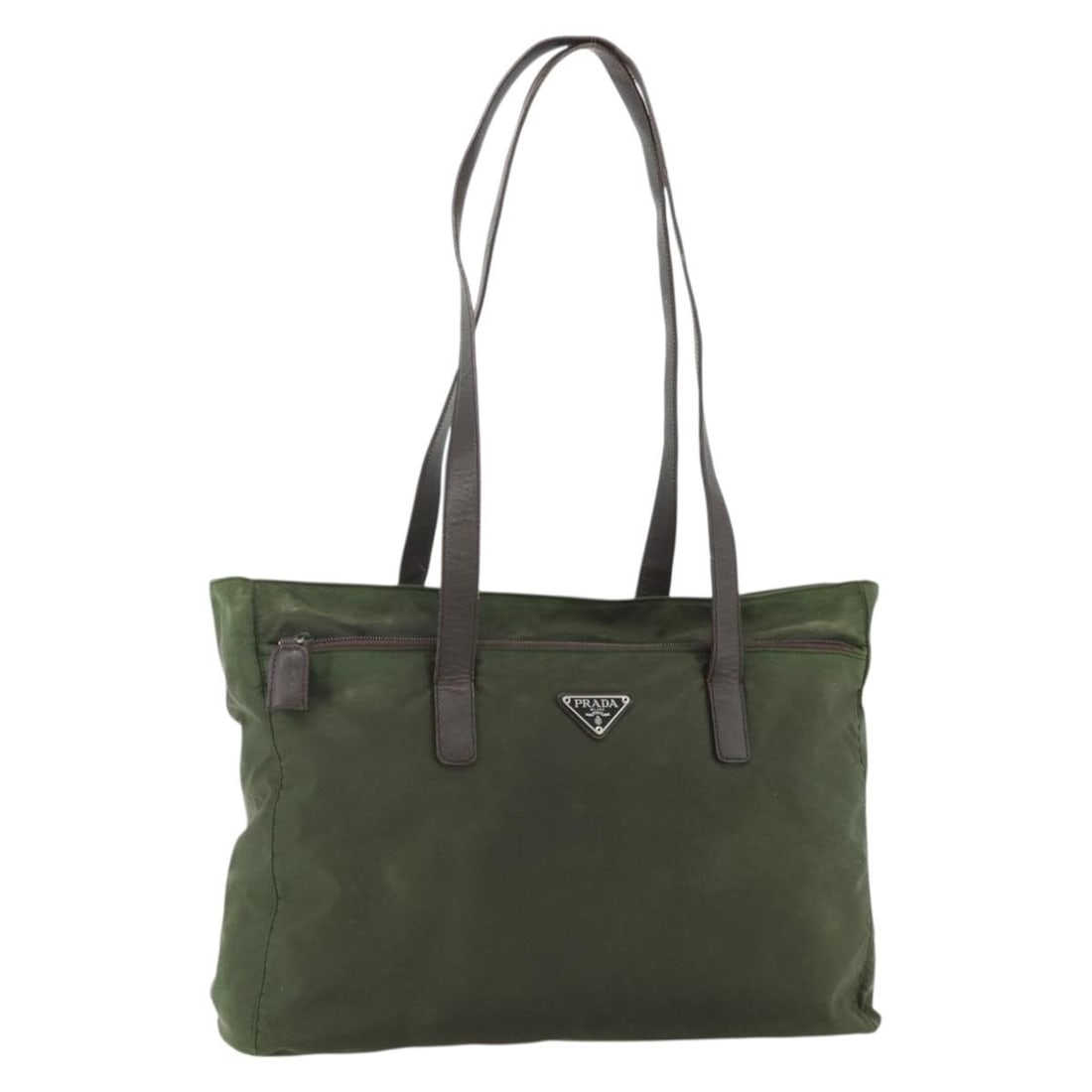 Prada Nylon Khaki Silver Tote Bag Italy Women: Prada Nylon Khaki Silver Tote Bag Italy Women This PRADA tote bag is crafted from durable nylon in a khaki and silver color scheme. Designed for women, it features a spacious interior and comfortable 