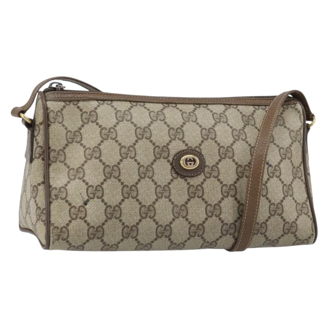 Gucci GG Supreme Beige Gold PVC Shoulder Bag 89 01 021 Italy: Gucci GG Supreme Beige Gold PVC Shoulder Bag 89 01 021 Italy This Gucci GG Supreme shoulder bag features a beige and gold color scheme with PVC leather and GG canvas construction. Designed for women, 