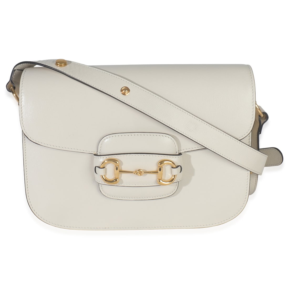 Gucci Small 1955 White Calfskin Horsebit Shoulder Bag: Gucci Small 1955 White Calfskin Horsebit Shoulder Bag This Gucci Mystic White Azalea Calfskin Horsebit Small 1955 Shoulder Bag features a structured silhouette crafted from white leather with gold-ton