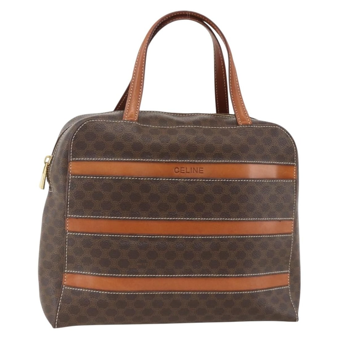 CELINE Macadam Brown PVC Leather Handbag Gold Tone Hardware: CELINE Macadam Brown PVC Leather Handbag Gold Tone Hardware A brown and gold CELINE handbag made from PVC leather and Macadam canvas. It measures approximately W28 x H21 x D10 cm with a handle drop of