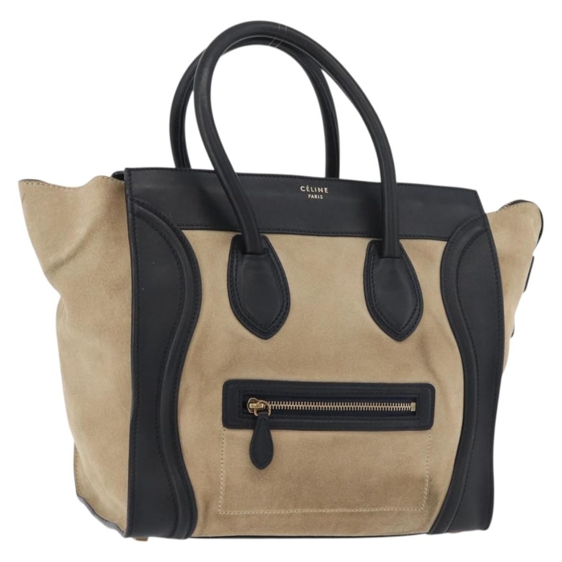 CELINE Luggage Medium suede handbag beige black gold tone: CELINE Luggage Medium suede handbag beige black gold tone CELINE Luggage Medium Hand Bag in suede leather with a beige, gold, and black colorway. Made in Italy, this women's handbag features a medium 