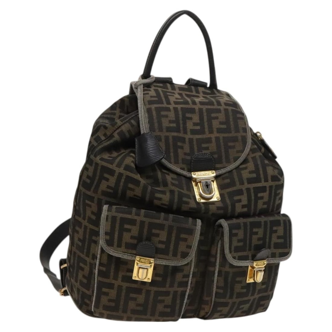 Fendi Zucca Canvas Backpack Black Brown Gold with Key Clochette: Fendi Zucca Canvas Backpack Black Brown Gold with Key Clochette Black, brown, and gold backpack in Zucca canvas, made in Italy. It includes one key and a clochette. The item is heavily used and shows 
