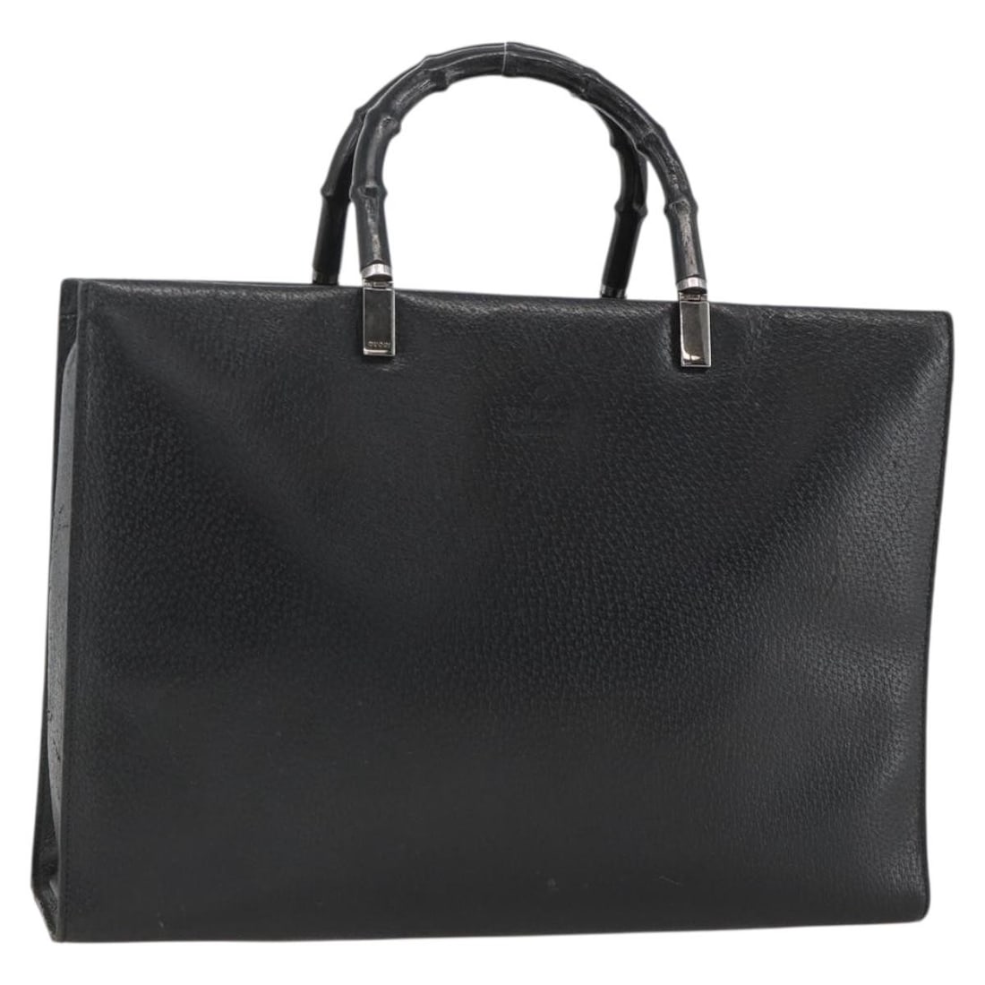Black Leather Bamboo Handle Tote by Gucci 002 1034 3444: Black Leather Bamboo Handle Tote by Gucci 002 1034 3444 This is a GUCCI Bamboo Tote Bag crafted from black leather with silver-tone accents. Designed for women, it features a spacious interior and sig