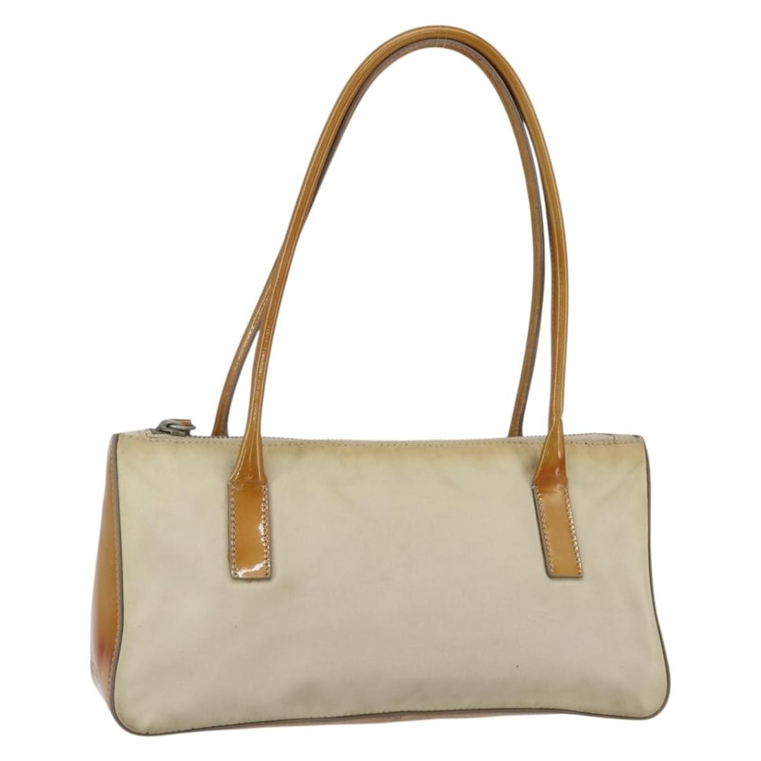 PRADA Beige Nylon Top Handle Bag with Guarantee Card: PRADA Beige Nylon Top Handle Bag with Guarantee Card This PRADA women's handbag is crafted from nylon in a beige and silver color scheme. Made in Italy, it features a structured silhouette with an app