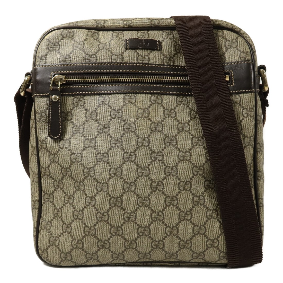 Gucci 201448 GG Coated Canvas Messenger Bag Brown: Gucci 201448 GG Coated Canvas Messenger Bag Brown Brown messenger shoulder bag made from PVC coated canvas. It features a fastener closure, one outside zip pocket, one inside zip pocket, and one insid