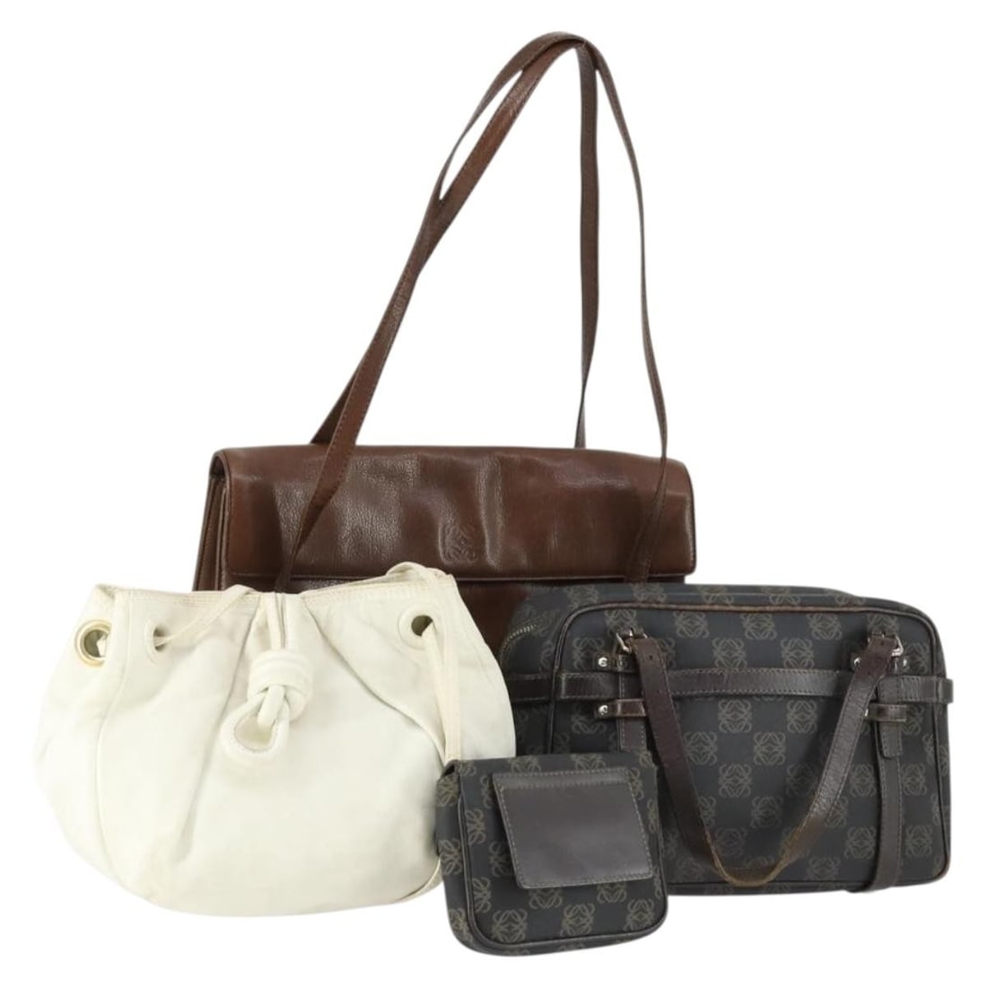 Three Piece Loewe Anagram Leather Shoulder Bag Set in Brown White Black: Three Piece Loewe Anagram Leather Shoulder Bag Set in Brown White Black This LOEWE Anagram set includes a shoulder bag and an accessory pouch, both crafted from leather in brown, white, and black. The