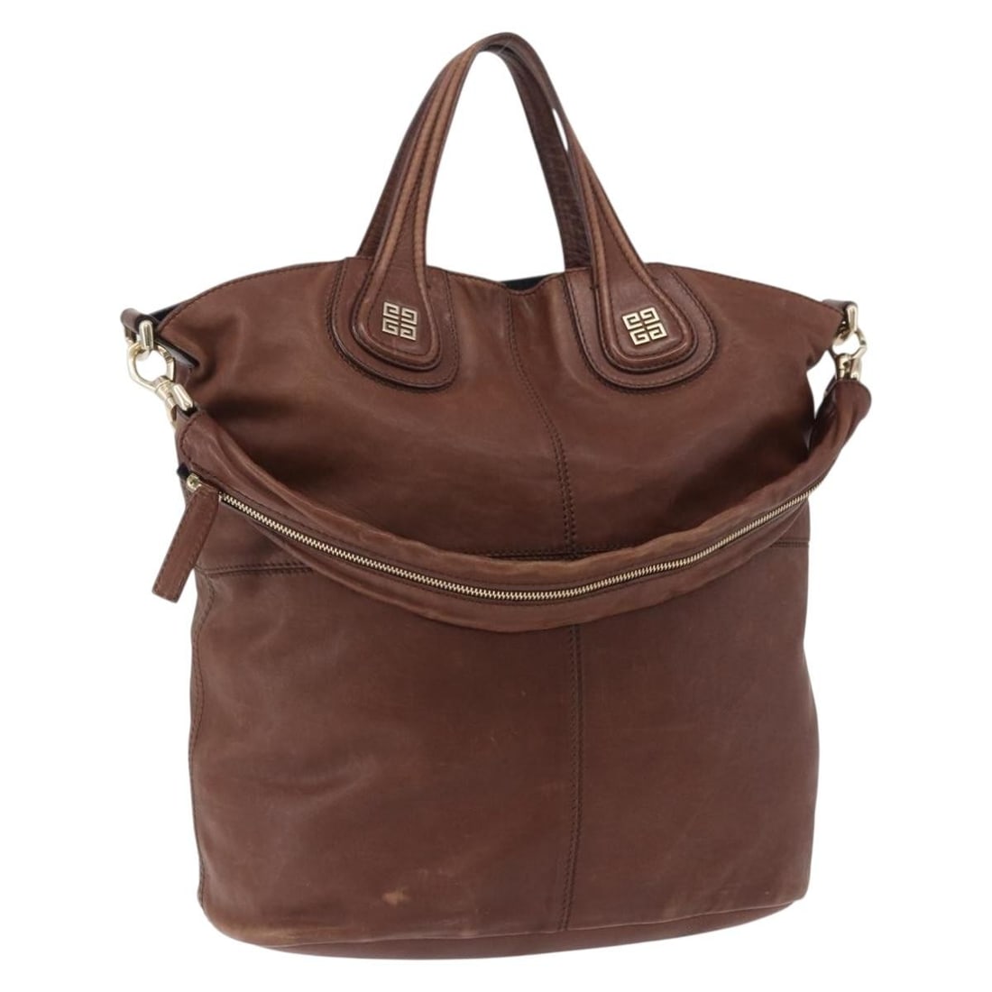 Givenchy Brown Leather 2way Handbag with Shoulder Strap Gold Tone: Givenchy Brown Leather 2way Handbag with Shoulder Strap Gold Tone A brown leather Givenchy 2-way hand bag with gold-tone hardware and a shoulder strap. Made in Italy, this bag is listed in heavily use