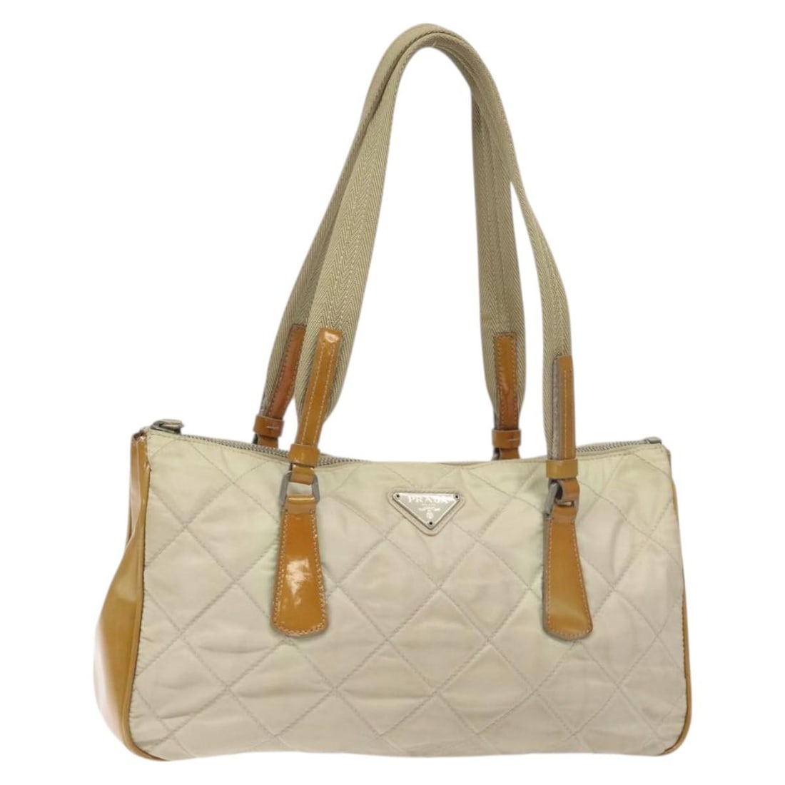 PRADA Beige Nylon Quilted Handbag Silver Tone Italy: PRADA Beige Nylon Quilted Handbag Silver Tone Italy This Prada quilted nylon handbag comes in beige with silver-tone hardware and was made in Italy. It measures approximately 31 cm W x 18 cm H x 9 cm 