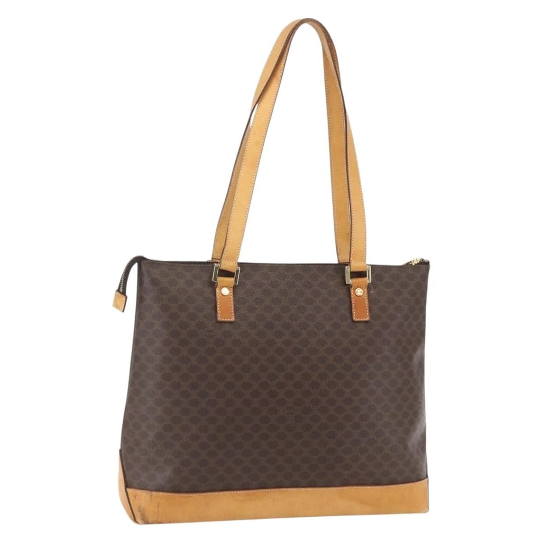 Celine Macadam Brown Tote PVC Leather Canvas Bag Gold Accents Italy: Celine Macadam Brown Tote PVC Leather Canvas Bag Gold Accents Italy This CELINE tote bag features the iconic Macadam canvas with brown and gold PVC leather accents. Made in Italy, it is designed in a 